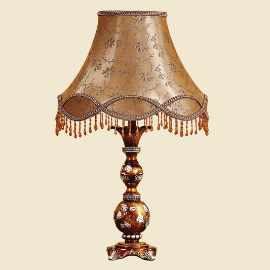 13"/18" W Brown Tapered Shade Table Lamp Traditional Fabric 1-Head Living Room Desk Light with Leaf Design Clearhalo 'Lamps' 'Table Lamps' Lighting' 1222761