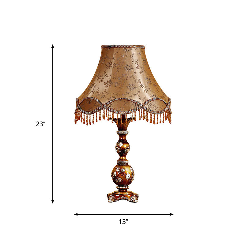 13"/18" W Brown Tapered Shade Table Lamp Traditional Fabric 1-Head Living Room Desk Light with Leaf Design Clearhalo 'Lamps' 'Table Lamps' Lighting' 1222762