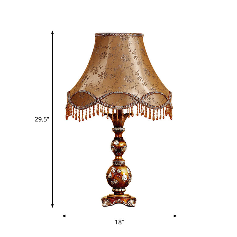 13"/18" W Brown Tapered Shade Table Lamp Traditional Fabric 1-Head Living Room Desk Light with Leaf Design Clearhalo 'Lamps' 'Table Lamps' Lighting' 1222763