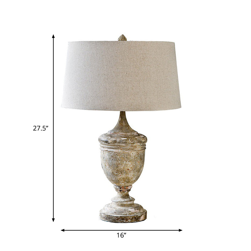 Distressed White 1 Light Desk Light Retro Style Fabric Barrel Shade Nightstand Lamp with Urn Base Clearhalo 'Lamps' 'Table Lamps' Lighting' 1222775