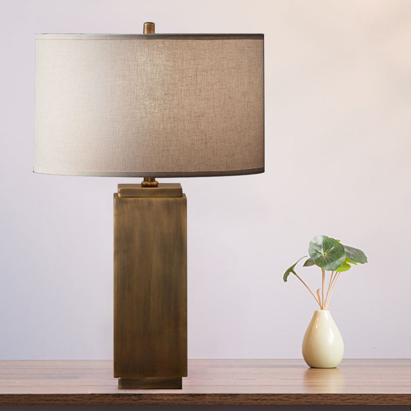 1-Light Wood Night Table Lamp Vintage Grey/Brown Cuboid Shaped Base Living Room Desk Light with Drum Fabric Shade Brown Clearhalo 'Lamps' 'Table Lamps' Lighting' 1222816
