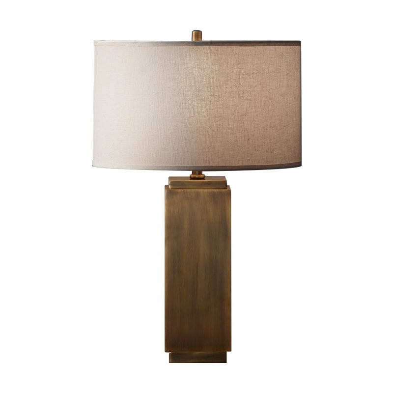 1-Light Wood Night Table Lamp Vintage Grey/Brown Cuboid Shaped Base Living Room Desk Light with Drum Fabric Shade Clearhalo 'Lamps' 'Table Lamps' Lighting' 1222818