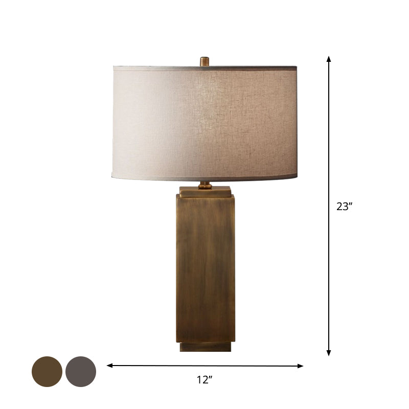 1-Light Wood Night Table Lamp Vintage Grey/Brown Cuboid Shaped Base Living Room Desk Light with Drum Fabric Shade Clearhalo 'Lamps' 'Table Lamps' Lighting' 1222819