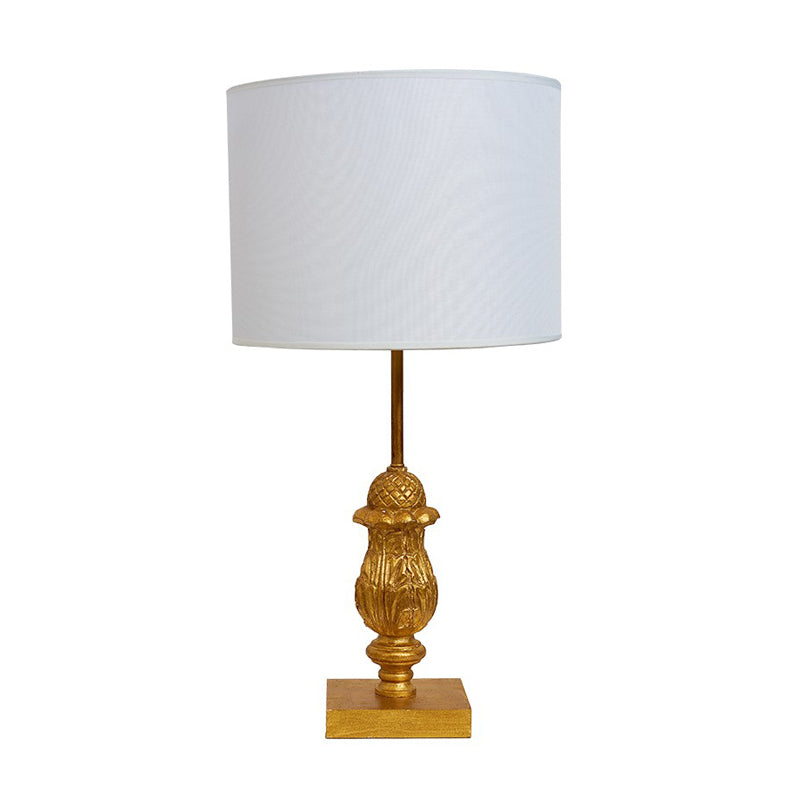 Gold Carved Desk Light Traditional Style Wood 1 Light Guest Room Night Stand Lamp with Fabric Shade Clearhalo 'Lamps' 'Table Lamps' Lighting' 1222839