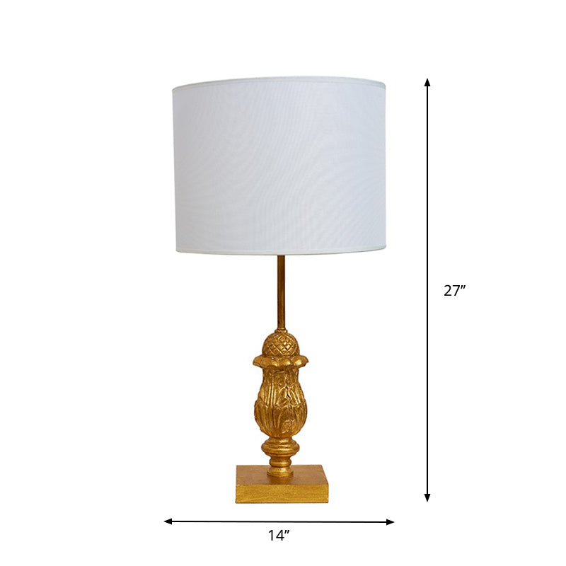 Gold Carved Desk Light Traditional Style Wood 1 Light Guest Room Night Stand Lamp with Fabric Shade Clearhalo 'Lamps' 'Table Lamps' Lighting' 1222840