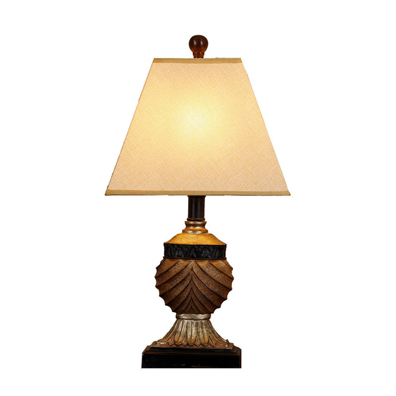 Urn-Shaped Base Table Lamp Countryside 1 Head Resin Nightstand Lamp in Brown with Conical Fabric Shade Clearhalo 'Lamps' 'Table Lamps' Lighting' 1222859
