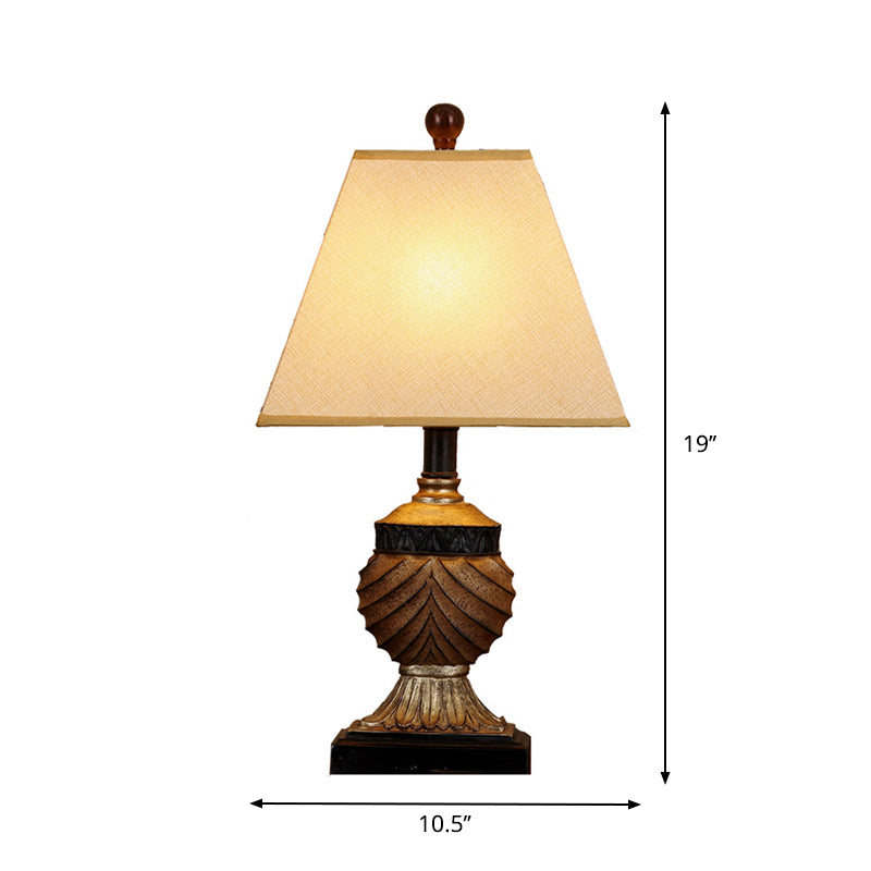 Urn-Shaped Base Table Lamp Countryside 1 Head Resin Nightstand Lamp in Brown with Conical Fabric Shade Clearhalo 'Lamps' 'Table Lamps' Lighting' 1222860