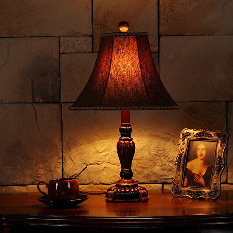 Red Brown 1-Bulb Desk Light Rural Style Fabric Bell Shade Table Lamp with Dragonfly Pattern Clearhalo 'Lamps' 'Table Lamps' Lighting' 1222878