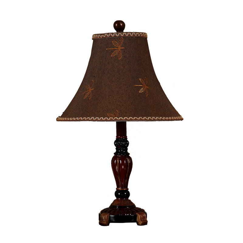 Red Brown 1-Bulb Desk Light Rural Style Fabric Bell Shade Table Lamp with Dragonfly Pattern Clearhalo 'Lamps' 'Table Lamps' Lighting' 1222879