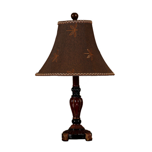 Red Brown 1-Bulb Desk Light Rural Style Fabric Bell Shade Table Lamp with Dragonfly Pattern Clearhalo 'Lamps' 'Table Lamps' Lighting' 1222879