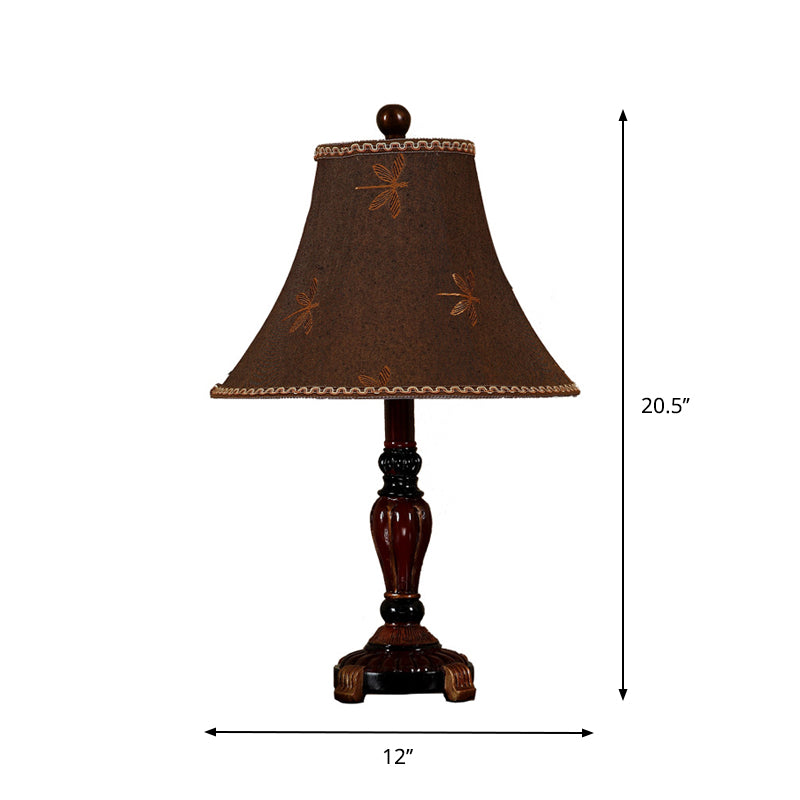 Red Brown 1-Bulb Desk Light Rural Style Fabric Bell Shade Table Lamp with Dragonfly Pattern Clearhalo 'Lamps' 'Table Lamps' Lighting' 1222880