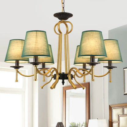 Blackish Green/Flaxen 6/8 Lights Chandelier Retro Fabric Conical Shade Close to Ceiling Lamp with Curvy Metal Arm 6 Blackish Green Clearhalo 'Ceiling Lights' 'Chandeliers' Lighting' options 1222933_b4ca9ded-25b7-4919-b05a-0a2b69778155