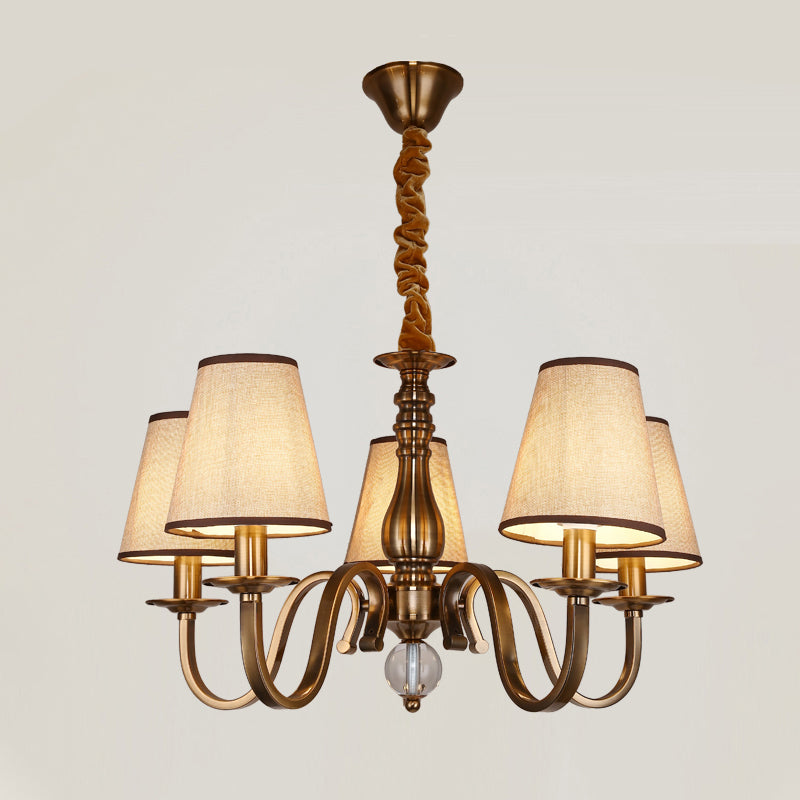 5/8 Heads Chandelier Lighting Fixture with Conical Shade Fabric Vintage Living Room Hanging Pendant in Brass Clearhalo 'Ceiling Lights' 'Chandeliers' Lighting' options 1223105