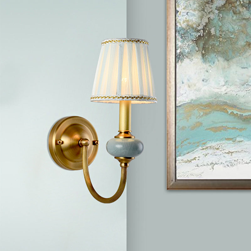 Brass 1/2-Bulb Wall Sconce Traditional Style Metal Curved Arm Wall Lamp with Fabric Shade 1.0 Brass Clearhalo 'Wall Lamps & Sconces' 'Wall Lights' Lighting' 1223110