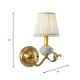 Brass 1/2-Bulb Wall Sconce Traditional Style Metal Curved Arm Wall Lamp with Fabric Shade Clearhalo 'Wall Lamps & Sconces' 'Wall Lights' Lighting' 1223113