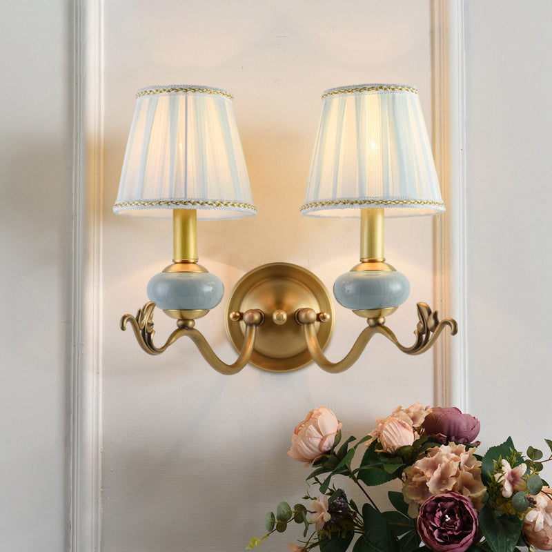 Brass 1/2-Bulb Wall Sconce Traditional Style Metal Curved Arm Wall Lamp with Fabric Shade 2.0 Brass Clearhalo 'Wall Lamps & Sconces' 'Wall Lights' Lighting' 1223114