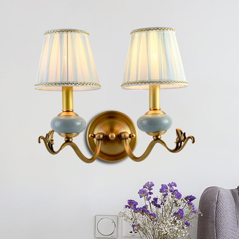 Brass 1/2-Bulb Wall Sconce Traditional Style Metal Curved Arm Wall Lamp with Fabric Shade Clearhalo 'Wall Lamps & Sconces' 'Wall Lights' Lighting' 1223115