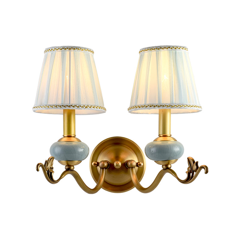 Brass 1/2-Bulb Wall Sconce Traditional Style Metal Curved Arm Wall Lamp with Fabric Shade Clearhalo 'Wall Lamps & Sconces' 'Wall Lights' Lighting' 1223117