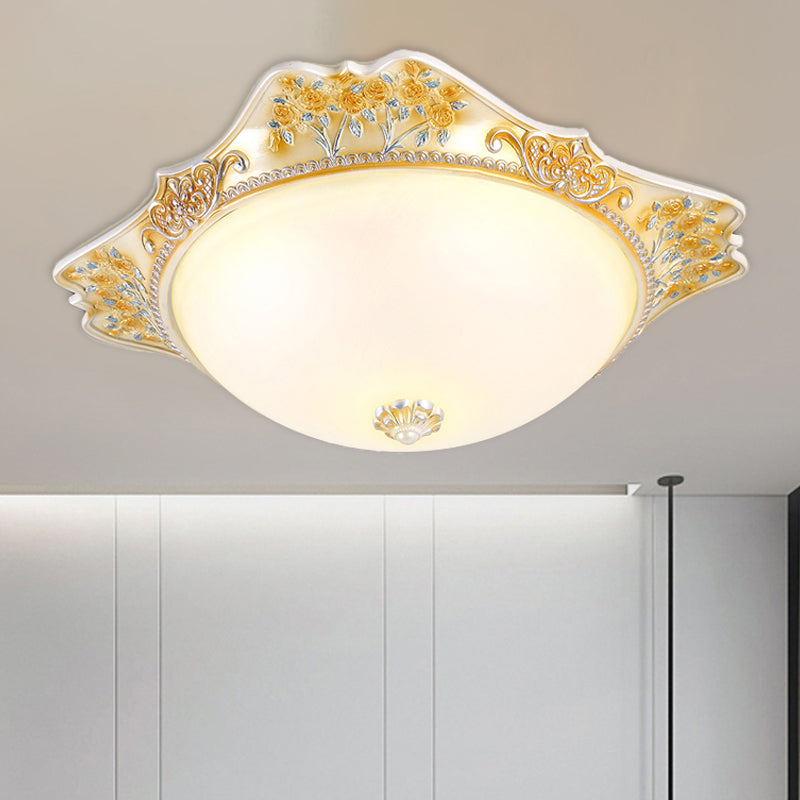 Yellow LED Ceiling Fixture Vintage Opaline Glass Dome Design Flush Mount Light with Carved Floral Accent, 12"/16"/19.5" Width Yellow Clearhalo 'Ceiling Lights' 'Close To Ceiling Lights' 'Close to ceiling' 'Flush mount' Lighting' 1223675