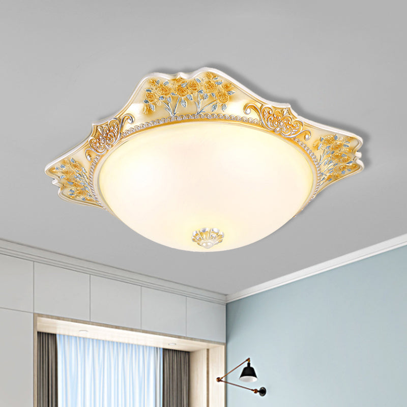 Yellow LED Ceiling Fixture Vintage Opaline Glass Dome Design Flush Mount Light with Carved Floral Accent, 12"/16"/19.5" Width Clearhalo 'Ceiling Lights' 'Close To Ceiling Lights' 'Close to ceiling' 'Flush mount' Lighting' 1223676
