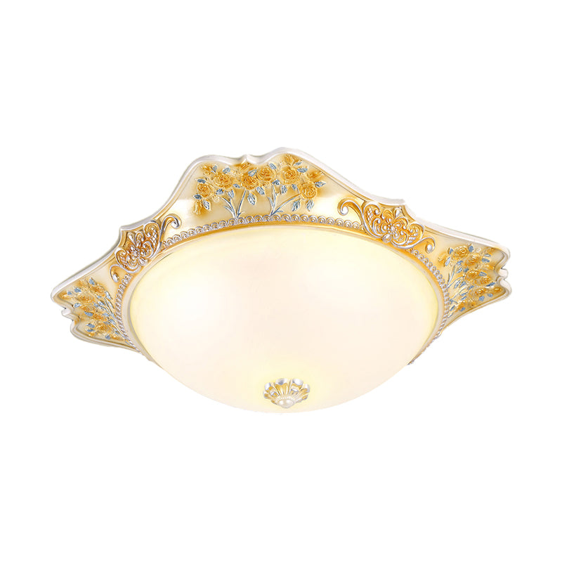 Yellow LED Ceiling Fixture Vintage Opaline Glass Dome Design Flush Mount Light with Carved Floral Accent, 12"/16"/19.5" Width