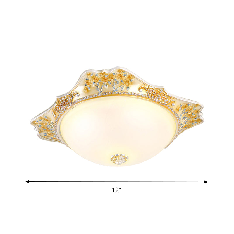 Yellow LED Ceiling Fixture Vintage Opaline Glass Dome Design Flush Mount Light with Carved Floral Accent, 12"/16"/19.5" Width Clearhalo 'Ceiling Lights' 'Close To Ceiling Lights' 'Close to ceiling' 'Flush mount' Lighting' 1223678