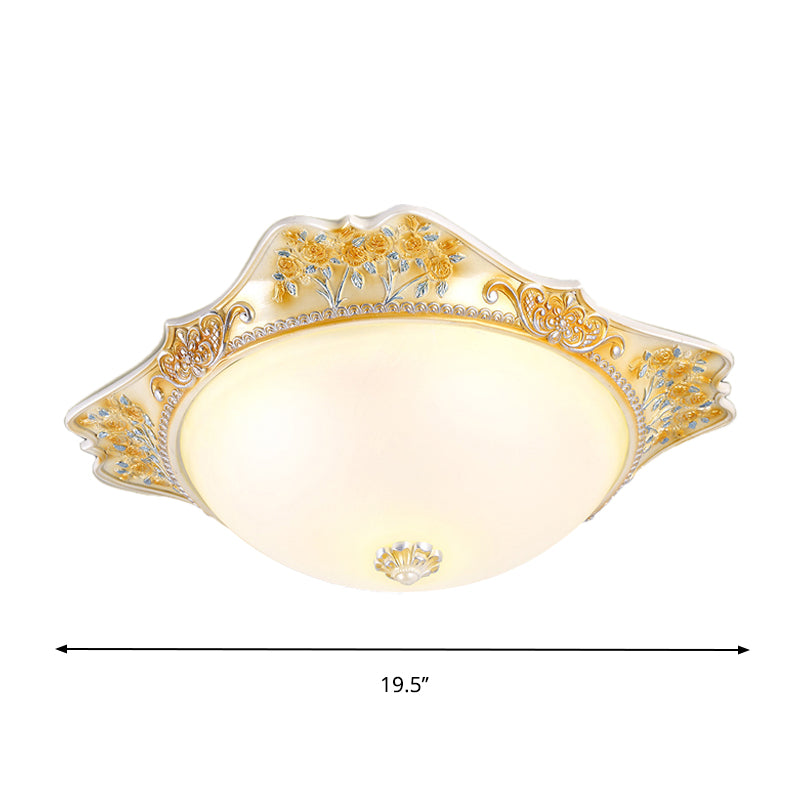 Yellow LED Ceiling Fixture Vintage Opaline Glass Dome Design Flush Mount Light with Carved Floral Accent, 12"/16"/19.5" Width