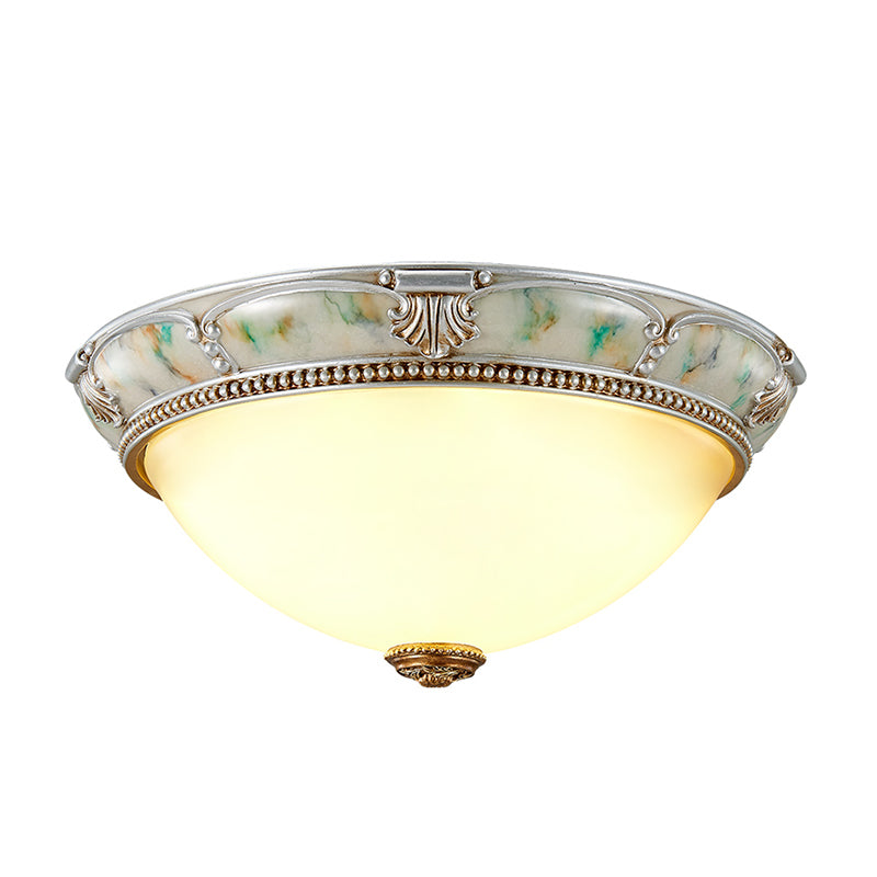 11"/15"/19" W 1-Head Ivory Glass Flushmount Traditional Style Silver Dome Shaped Corridor Close to Ceiling Lighting Clearhalo 'Ceiling Lights' 'Close To Ceiling Lights' 'Close to ceiling' 'Flush mount' Lighting' 1223694