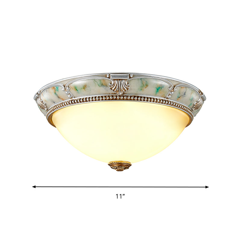 11"/15"/19" W 1-Head Ivory Glass Flushmount Traditional Style Silver Dome Shaped Corridor Close to Ceiling Lighting Clearhalo 'Ceiling Lights' 'Close To Ceiling Lights' 'Close to ceiling' 'Flush mount' Lighting' 1223695