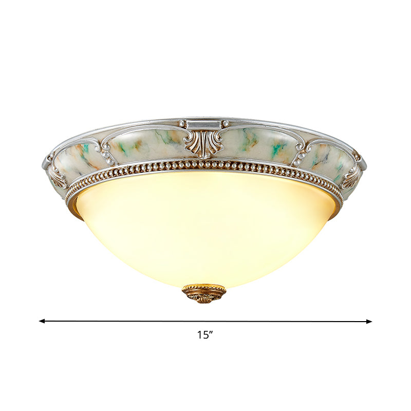 11"/15"/19" W 1-Head Ivory Glass Flushmount Traditional Style Silver Dome Shaped Corridor Close to Ceiling Lighting Clearhalo 'Ceiling Lights' 'Close To Ceiling Lights' 'Close to ceiling' 'Flush mount' Lighting' 1223696