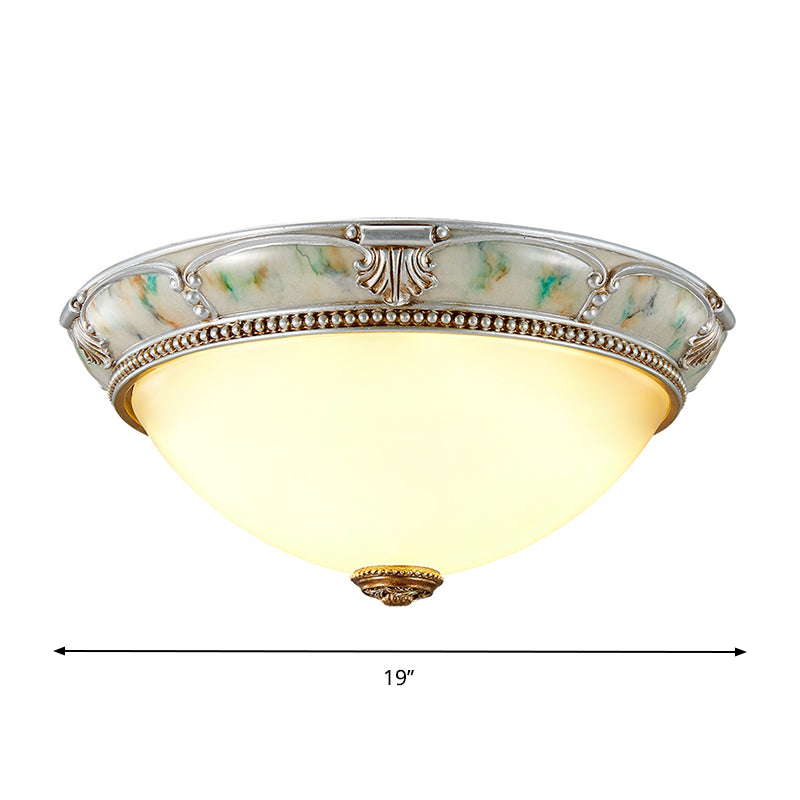 11"/15"/19" W 1-Head Ivory Glass Flushmount Traditional Style Silver Dome Shaped Corridor Close to Ceiling Lighting Clearhalo 'Ceiling Lights' 'Close To Ceiling Lights' 'Close to ceiling' 'Flush mount' Lighting' 1223697