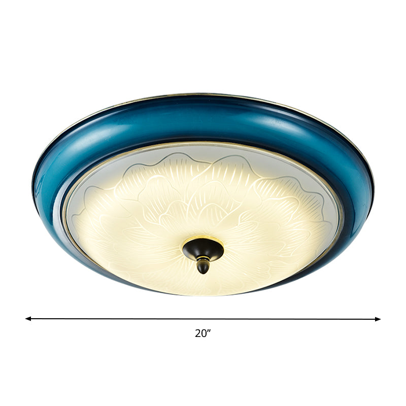 Blue Rounded Flushmount Light Retro Style Milky Glass LED Bedroom Close to Ceiling Lighting, 16"/20" Wide