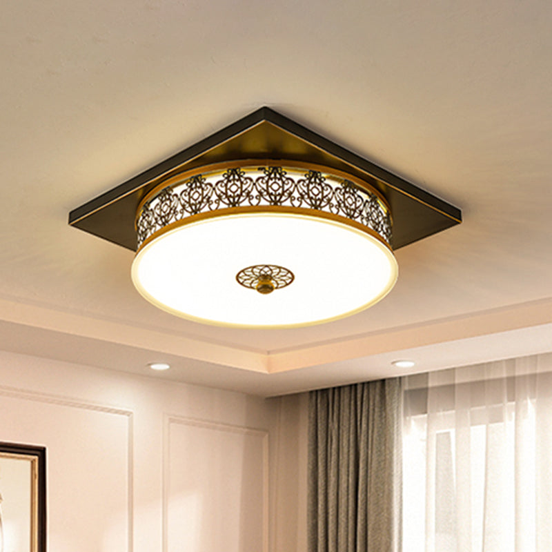 Drum Design Opaline Glass Flushmount Traditional LED Bedroom Ceiling Light Fixture in Black, 12"/16"/19.5" W