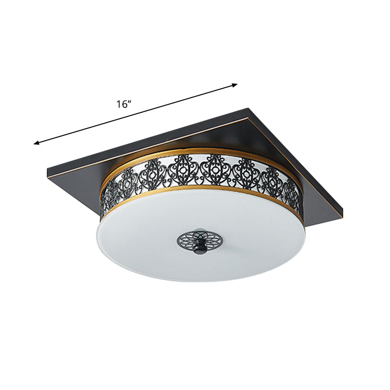 Drum Design Opaline Glass Flushmount Traditional LED Bedroom Ceiling Light Fixture in Black, 12"/16"/19.5" W