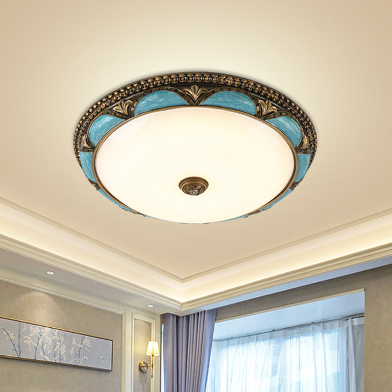 Blue Floral Design Ceiling Lamp Antique Style Cream Glass LED Bedroom Flush Mount Fixture, 13"/16"/19.5" Wide