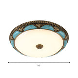 Blue Floral Design Ceiling Lamp Antique Style Cream Glass LED Bedroom Flush Mount Fixture, 13"/16"/19.5" Wide
