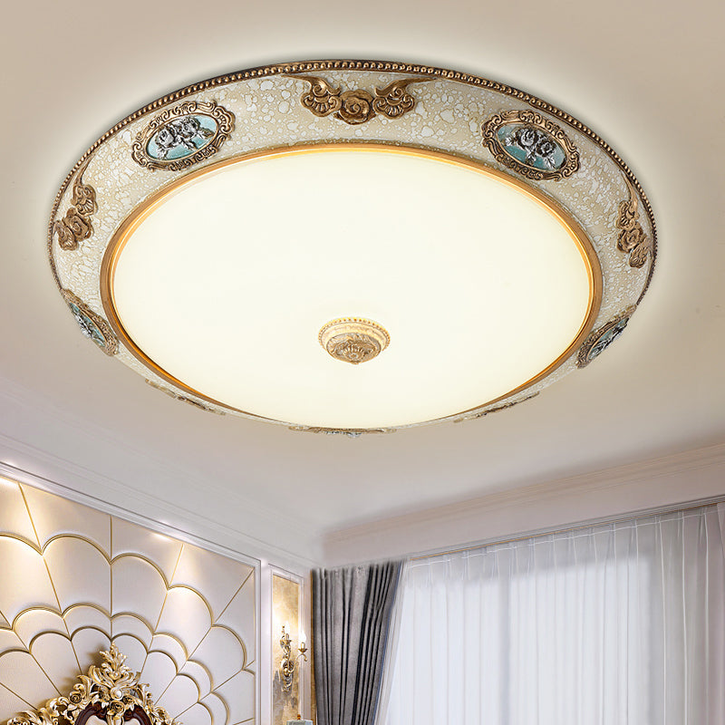 13"/16"/19.5" W Dome Opal Glass Flush Mount Retro Style LED Bedroom Light Fixture Ceiling in Gold, Warm/White Light Gold Clearhalo 'Ceiling Lights' 'Close To Ceiling Lights' 'Close to ceiling' 'Flush mount' Lighting' 1223915