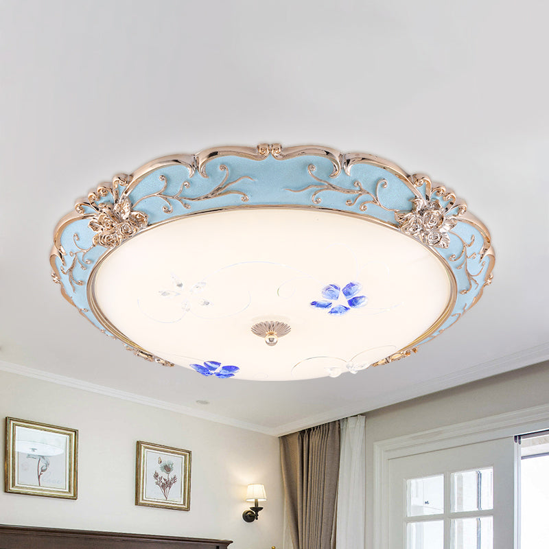 13"/16"/19.5" Wide LED Flush Mount Light with Floral Shade Opaque Glass Vintage Bedroom Ceiling Lighting in Light Blue, Warm/White Light Light Blue Clearhalo 'Ceiling Lights' 'Close To Ceiling Lights' 'Close to ceiling' 'Flush mount' Lighting' 1223921