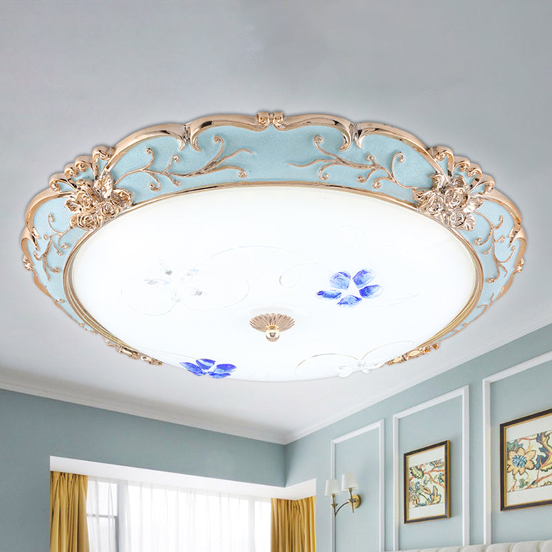 13"/16"/19.5" Wide LED Flush Mount Light with Floral Shade Opaque Glass Vintage Bedroom Ceiling Lighting in Light Blue, Warm/White Light Clearhalo 'Ceiling Lights' 'Close To Ceiling Lights' 'Close to ceiling' 'Flush mount' Lighting' 1223922