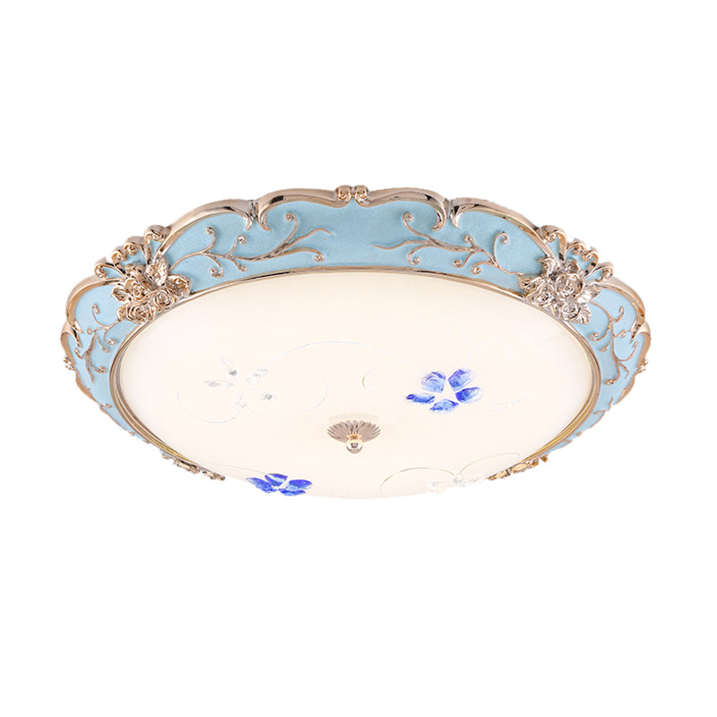 13"/16"/19.5" Wide LED Flush Mount Light with Floral Shade Opaque Glass Vintage Bedroom Ceiling Lighting in Light Blue, Warm/White Light Clearhalo 'Ceiling Lights' 'Close To Ceiling Lights' 'Close to ceiling' 'Flush mount' Lighting' 1223923