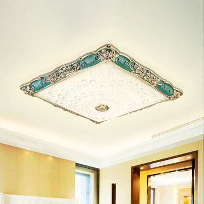 Pink/Green Square Shaped Flush Mount Light Antique Opaque Glass LED Bedroom Close to Ceiling Lamp Green Clearhalo 'Ceiling Lights' 'Close To Ceiling Lights' 'Close to ceiling' 'Flush mount' Lighting' 1223987