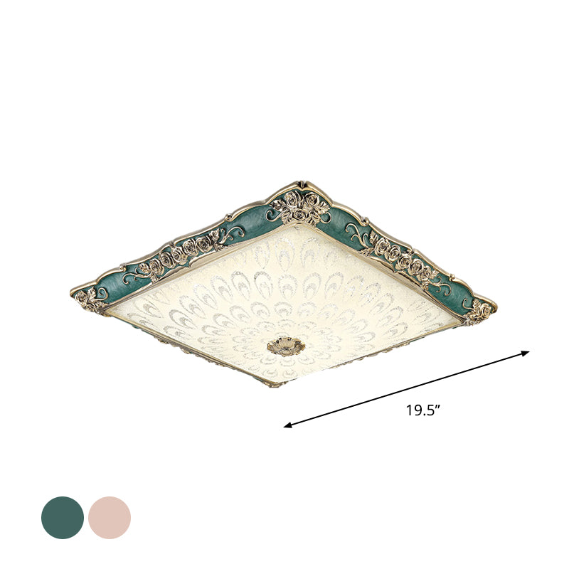 Pink/Green Square Shaped Flush Mount Light Antique Opaque Glass LED Bedroom Close to Ceiling Lamp - Clearhalo - 'Ceiling Lights' - 'Close To Ceiling Lights' - 'Close to ceiling' - 'Flush mount' - Lighting' - 1223990