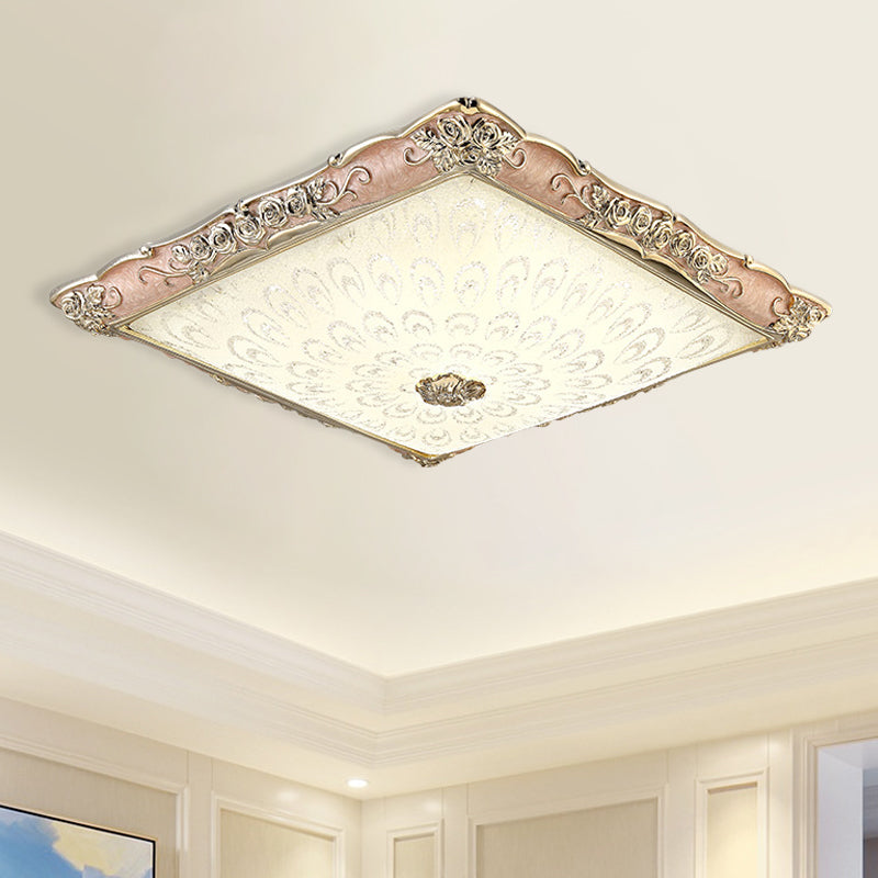 Pink/Green Square Shaped Flush Mount Light Antique Opaque Glass LED Bedroom Close to Ceiling Lamp - Pink - Clearhalo - 'Ceiling Lights' - 'Close To Ceiling Lights' - 'Close to ceiling' - 'Flush mount' - Lighting' - 1223991