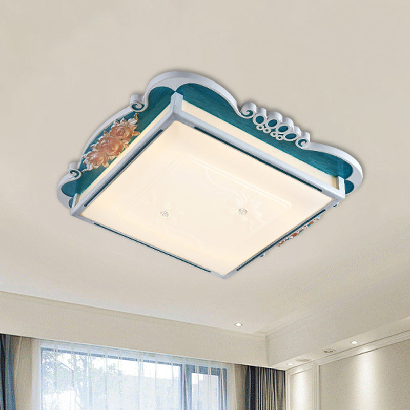 Acrylic Square Design Flush Mount Traditional Style LED Bedroom Light Fixture Ceiling with Carved Flower in Brown/Blue Blue Clearhalo 'Ceiling Lights' 'Close To Ceiling Lights' 'Close to ceiling' 'Flush mount' Lighting' 1223999
