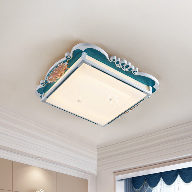 Acrylic Square Design Flush Mount Traditional Style LED Bedroom Light Fixture Ceiling with Carved Flower in Brown/Blue Clearhalo 'Ceiling Lights' 'Close To Ceiling Lights' 'Close to ceiling' 'Flush mount' Lighting' 1224000