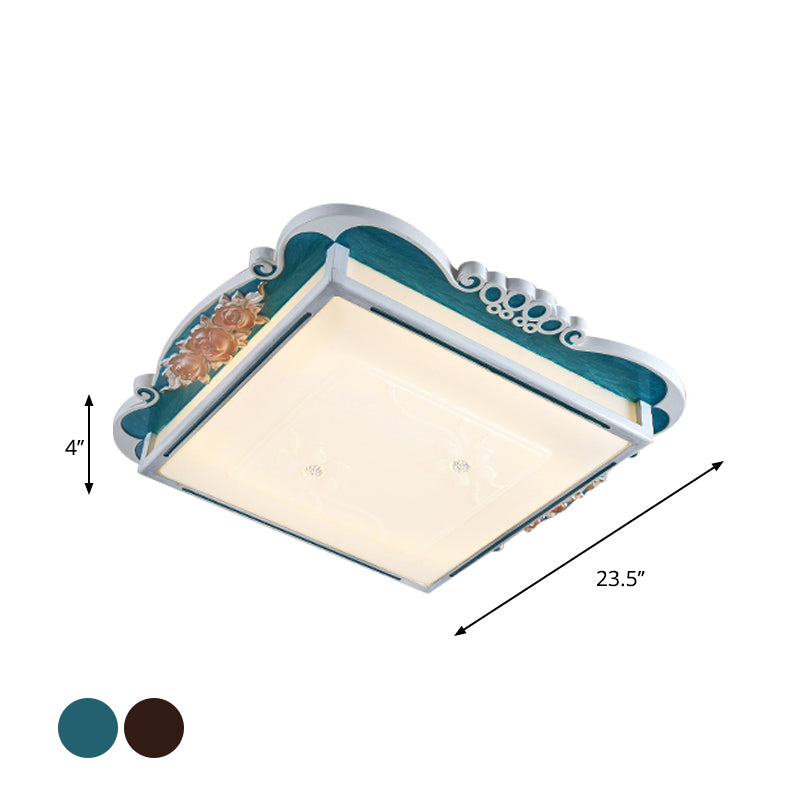 Acrylic Square Design Flush Mount Traditional Style LED Bedroom Light Fixture Ceiling with Carved Flower in Brown/Blue Clearhalo 'Ceiling Lights' 'Close To Ceiling Lights' 'Close to ceiling' 'Flush mount' Lighting' 1224002