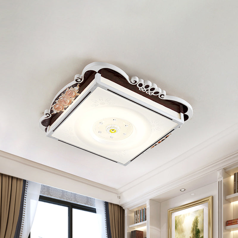 Acrylic Square Design Flush Mount Traditional Style LED Bedroom Light Fixture Ceiling with Carved Flower in Brown/Blue Clearhalo 'Ceiling Lights' 'Close To Ceiling Lights' 'Close to ceiling' 'Flush mount' Lighting' 1224005
