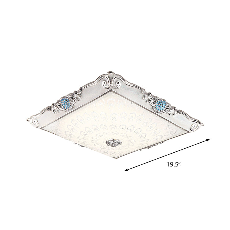 Square Shaped Bedroom Flushmount Light Retro Style Cream Glass LED Blue Ceiling Lamp Clearhalo 'Ceiling Lights' 'Close To Ceiling Lights' 'Close to ceiling' 'Flush mount' Lighting' 1224010