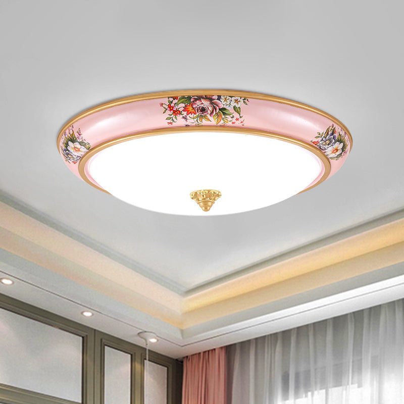 Pink LED Flush Light Farmhouse White Glass Bowl Shade Flushmount Lighting in Warm/White Light for Bedroom, 13"/16"/19.5" W - Clearhalo - 'Ceiling Lights' - 'Close To Ceiling Lights' - 'Close to ceiling' - 'Flush mount' - Lighting' - 1224063