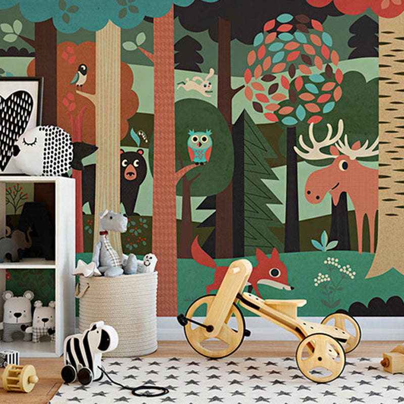 Cartoon Jungle Animal Mural Wallpaper for Child Room Custom Size Wall Art in Dark Color Blackish Green Clearhalo 'Wall Decor' 'Wall Mural' 1224406